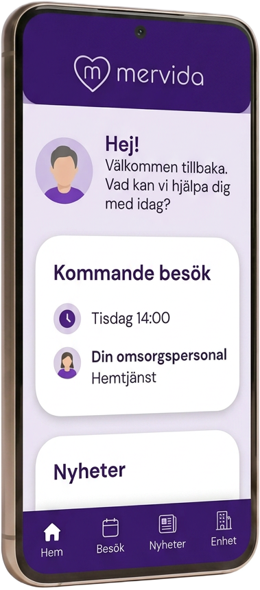Mobil som visar Mervida-appen med kommande besök och nyheter